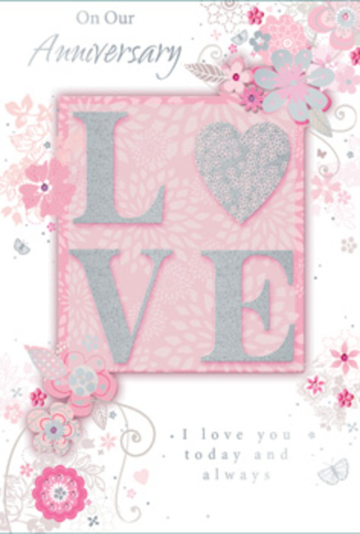 This close-up of an anniversary card captures the quiet warmth of a long, devoted relationship, described visually in soft florals and gentle shimmer. The central focus is the word LOVE, spelled in large, raised capitals that appear almost carved from the card, then brushed with a layer of pale silver glitter. The texture seems velvety and fine, catching the light the way dew catches on rose petals, suggesting a tactile pleasure when fingertips glide across the letters. Around this strong, simple word flows an intricate illustration of stylised flowers, swirling stems, and delicate leaves, filling the card's blush pink background without ever feeling crowded. The blossoms appear in soft tones of blush, ivory, and muted lilac-pink, with fine, hand-drawn contour lines that evoke the planning sketches a florist might make while designing an anniversary bouquet for a Feltham couple. Wispy flourishes, like tendrils of foliage and tiny abstract butterflies, drift between the blooms, giving a sense of movement, as if a gentle breeze were passing over a garden near Feltham's parks. Subtle shading adds depth, allowing some petals to seem closer, others to fade softly into the pastel ground. A message in flowing script-phrases such as I love you today and always and On Our Anniversary-is printed in an understated, grey or silver ink that complements the floral artwork rather than competing with it. The overall lighting is soft and even, making the blush tones glow quietly and the glitter appear luminous but not overpowering. The card feels like a paper bouquet, tender and thoughtfully composed, ideal for a couple marking another year together in the calm neighbourhood streets surrounding Feltham.