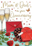 Elegantly illustrated anniversary card scene that radiates warmth and devotion, reminiscent of a relaxed celebration in a Feltham home after an evening stroll along the local streets. The composition centres on two graceful champagne flutes standing close together, filled with pale, sparkling gold. The bubbles are delicately drawn, suspended mid-rise, suggesting the instant just before glasses meet for a gentle toast. Nestled in front of them is an open heart-shaped box of chocolates, its rich red casing and dramatic satin bow lending a sense of luxury. Inside, neat rows of glossy truffles promise a sweet moment shared between partners, with a couple of chocolates resting on the tabletop as though already sampled with a smile. To one side, two exquisitely detailed red roses lie against lush green foliage, their velvety petals curled and layered like those from a premium bouquet sourced from a careful Feltham florist. The roses add a romantic, almost tactile richness, as if you could lean in and catch their familiar scent. A vivid scarlet envelope, sealed and slightly angled, suggests a treasured card containing affectionate words for Mum & Dad, perhaps penned earlier that day at a kitchen table. Floating across the creamy backdrop are golden and crimson hearts, drifting like confetti in soft lamplight and gently encircling the central objects. The overall palette of reds, golds, and deep greens feels warm and festive, capturing the essence of an anniversary where love, family, and shared history are celebrated not with grand gestures, but with roses, chocolate, champagne, and words spoken quietly yet remembered for years.